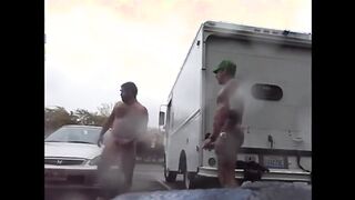 Guys Very Public Rainy Stroking in parking lot