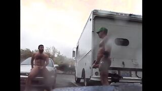 Guys Very Public Rainy Stroking in parking lot