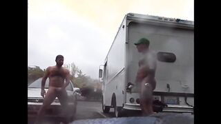 Guys Very Public Rainy Stroking in parking lot