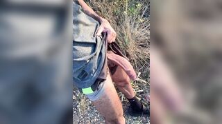 Stiffy 23cm peeing on the trail with people witnessing