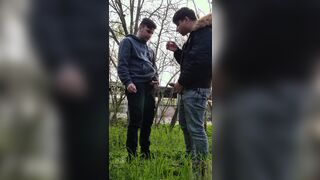 2 torrid fellows with fat cocks smoking, jerking and deep-throating outdoors