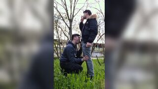 2 torrid fellows with fat cocks smoking, jerking and deep-throating outdoors