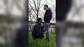 2 torrid fellows with fat cocks smoking, jerking and deep-throating outdoors