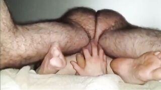 Hairy Daddy with hairy legs breeds boy from below 12