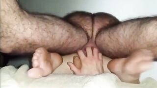 Hairy Daddy with hairy legs breeds boy from below 12