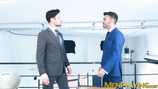 Sexy Drew Dixon rides the thick cock of suited Pol Dixon in the office