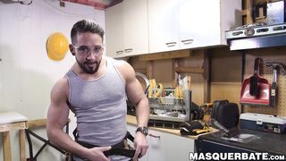 Sexy handyman Zack Lemec drills fleshlight after jerking off