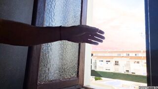 Sizzling Stud jacks his huge rod at the window in a public douche - Risky cum-shot