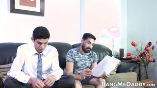 Daddy spanks Latino twink before barebacking and facializing