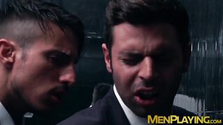 Inked muscle businessmen fuck doggystyle during office hours