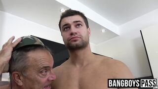 Young hunk with massive cock barebacking an old dude hard