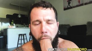 Tattooed gay Johnny Hill rides huge dildo while masturbating