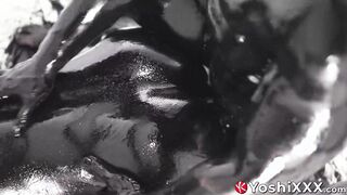 Asian Damian Dragon and Yoshi Kawasaki splatter oily black goo while breeding raw