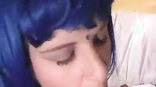 Blue-Haired Crossdresser Sucks Amateur Cock