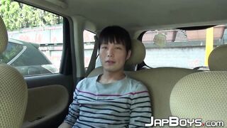 Japanese twink jerks off and cums big loads in the backseat