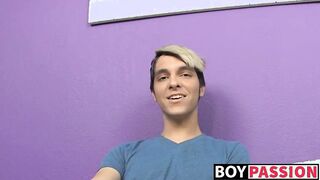 Blonde skinny twink Rany strokes long dick and stuffs dildo