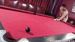 Attractive jock plays pool before stroking his big hard cock