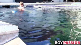 Blond twinky goes for a swim and then strokes his cock