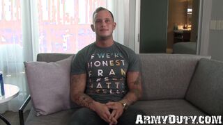 Buff military gay strips on the couch and jerks his dick off