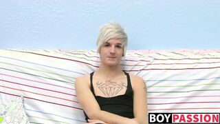 Tattooed smooth teen Austin moans during hot masturbation