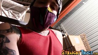 Tattooed straight thug wears Covid mask while masturbating