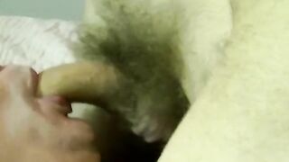 Fat amateur guy blows hairy cock and receives a big load