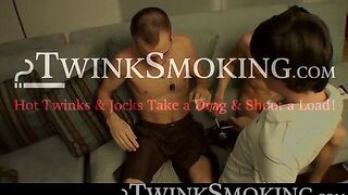 Handsome gay Ayden James chainsmoking and sucking the thick cock of Kenny