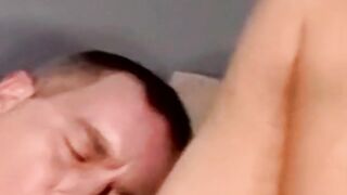 Amateur jerks off while mature man helps him cum with tongue