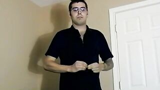 Nerdy amateur with glasses strips to jerk off until he cums