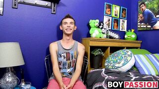 Skinny gay Bentley Ryan interviewed and jerking off to cum