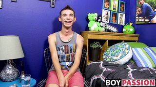 Skinny gay Bentley Ryan interviewed and jerking off to cum