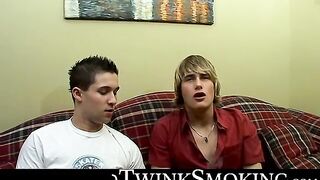 Twink buddies Jerry and Sonny were smoking and ass fucking on the couch