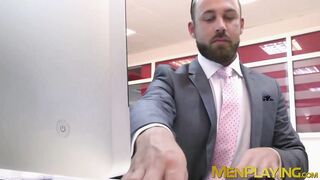 Bearded businessman Logan Moore fucked raw after hot blowjob