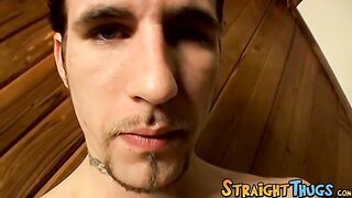 Tattooed straight thug jerks off and cums in his stomach