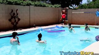 Twinks fool around in the pool before bareback orgy