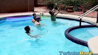 Twinks fool around in the pool before bareback orgy