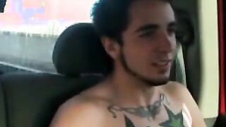 Solo car jerking off amateur tattooed twink in the back