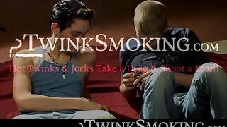 Hardcore smokers Jayden Taylor and Kayden Daniels swap blowjobs in a smoky room