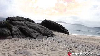 Naughty Japanese Yoshi Kawasaki tugs his cock and cums on the beach