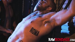 Roped up and helpless Devin Franco cumshot after punishment