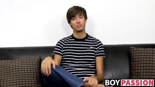 Young dude with bangs pleases himself after the interview