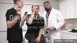 Horny doctor Marco Napoli and Cole Church spitroast sexy patient Darron during a trea