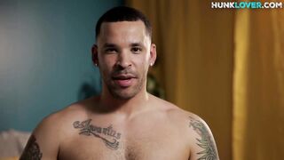 Buzzcut inked stud strips shorts and masturbates indoors