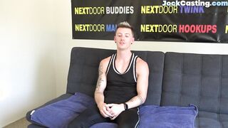 Tattoo casting jock masturbates on couch till cumshot