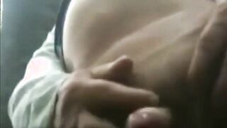 Old man wanking his uncut cock outside