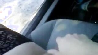 Bear in thigh high nylons jerking off in the car at the park