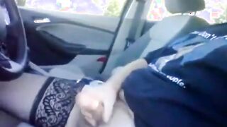 Bear in thigh high nylons jerking off in the car at the park