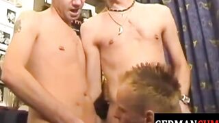 GERMAN CUM PIGZ - Euro jocks giving blowjobs before threeway stuffing asses