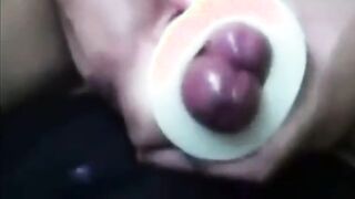 Buddies using a cock sleeve together with nice cumshots