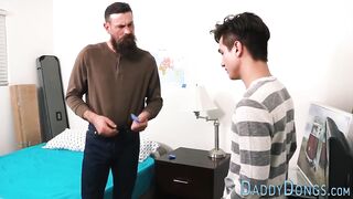 Stepdad teaches twink how to give a bj